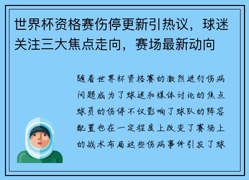 世界杯资格赛伤停更新引热议,球迷关注三大焦点走向,赛场最新动向 世界杯资格赛伤停更新引热议,球迷关注三大焦点走向,赛场最新动向